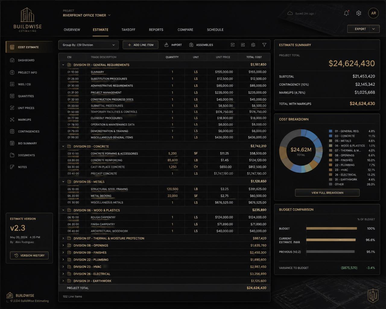Estimator — Quantities and costs, auto-synced.